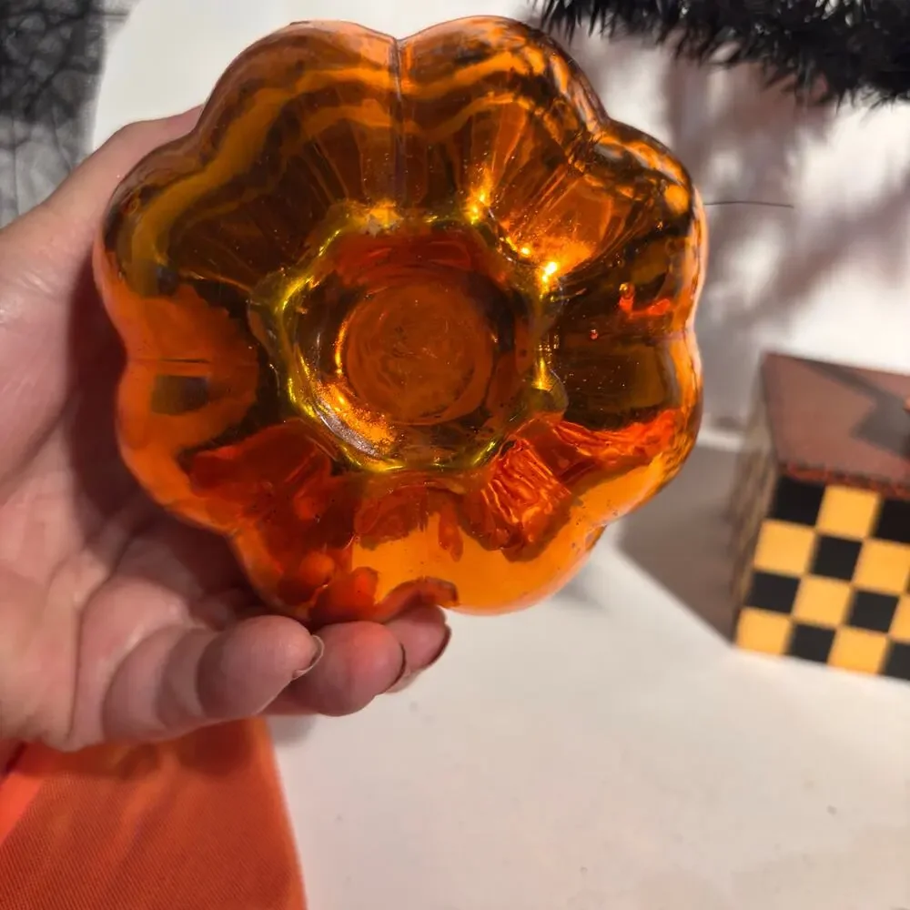 Pair of Orange Mercury Glass Pumpkin Shaped Candle Holders 4 inches
